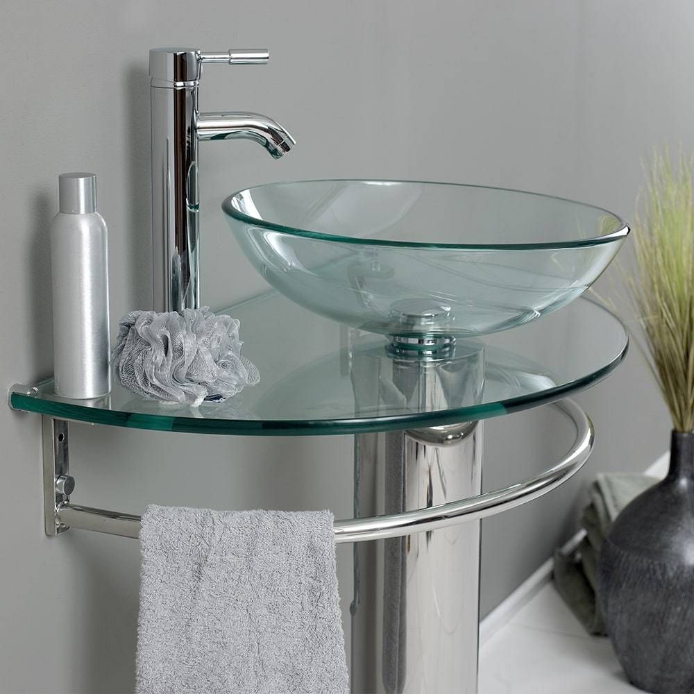 Стеклянная прозрачная раковина в форме чаши на пьедестале со стеклянной столешницей и с металлической ножкой цвета хром