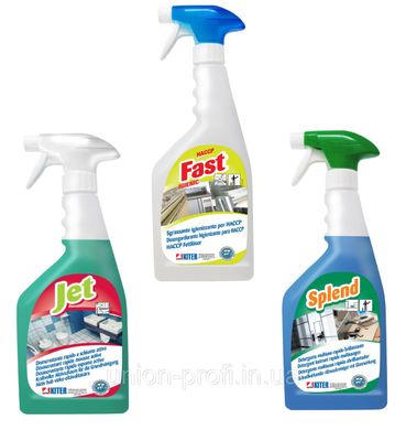 На фото Комплект миючих засобів "генеральне прибирання" 3 в 1: Kiter Fast Igienic, Jet, Splend