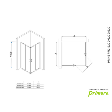 На фото зображено Душова кабіна Primera Prime PRI2122C 1000*1000 квадратна з прозорим склом Італія